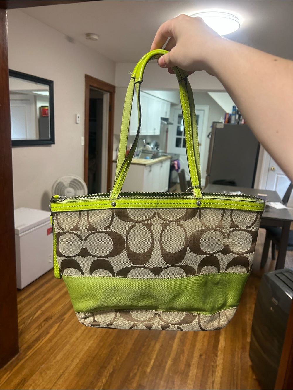 Coach Brown Signature Canvas Tote with Lime Green Trim